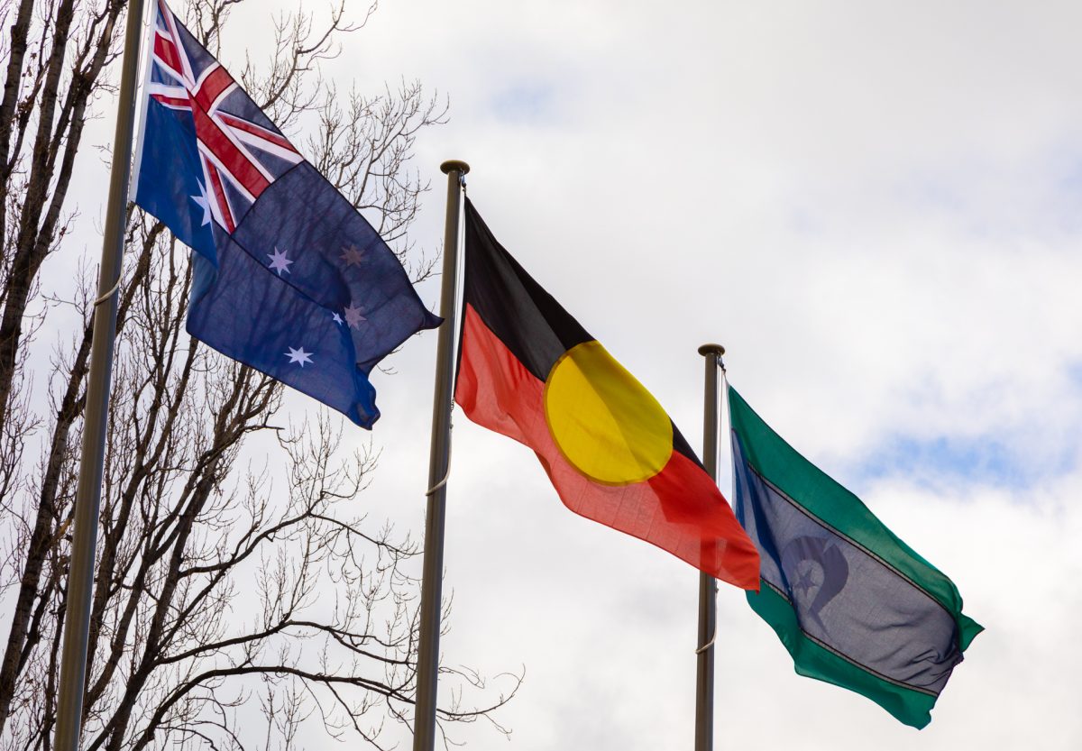 Australian flag, Australian Aboriginal Flag, Torres Strait Islander flag.