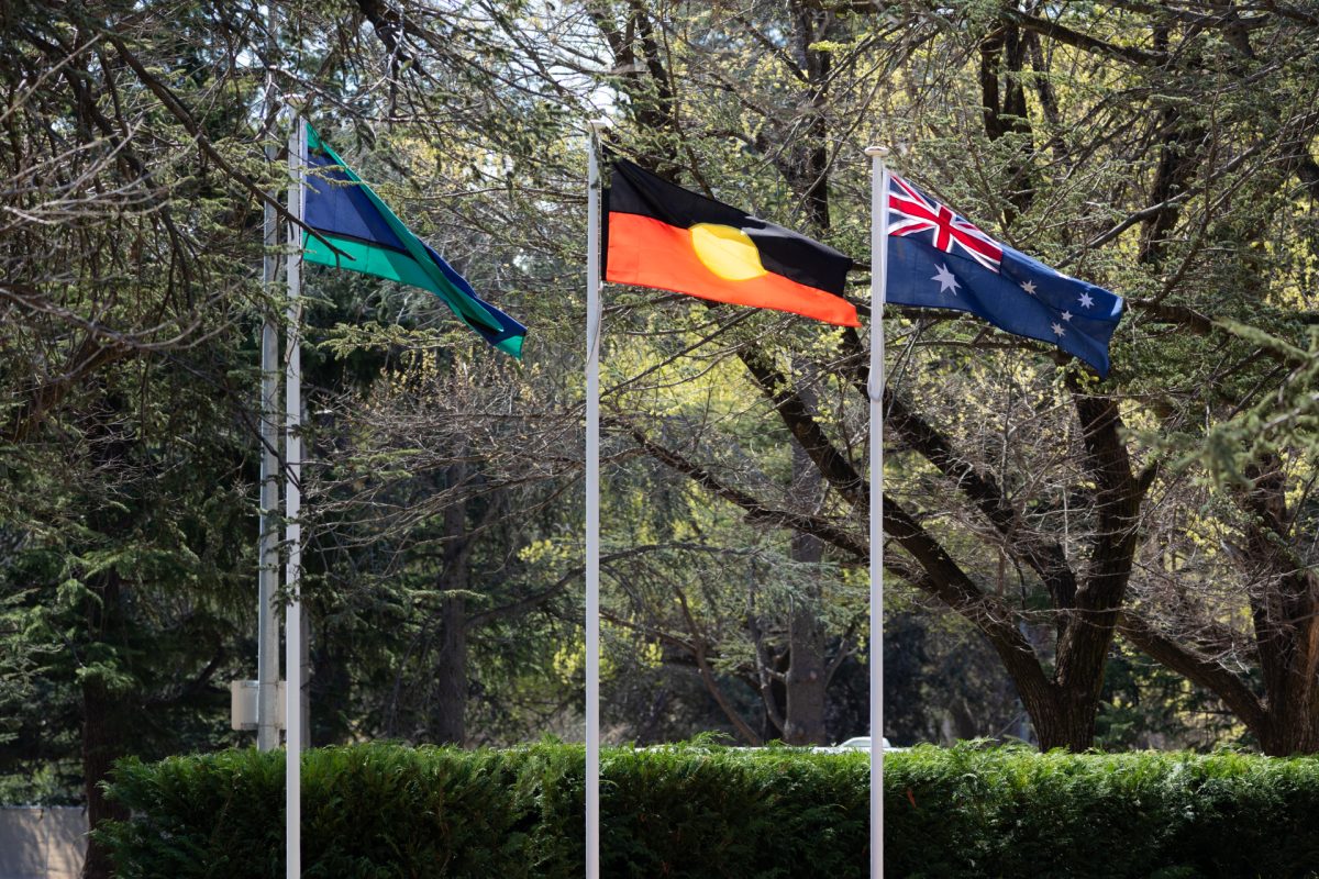 Three flag poles with Torres Strait Islander flag, Australian Aboriginal flag and Australian National flag