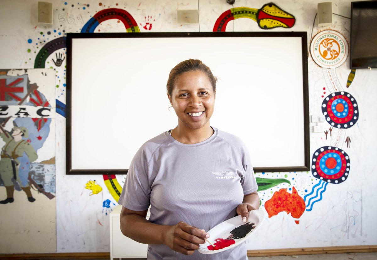 Australian Army Warrant Officer Anne Dufficy is deployed on Operation Mazurka as part of the Multinational Force & Observers in the Sinai Peninsula, Egypt. She is showcasing Indigenous culture with her paintings at camp.