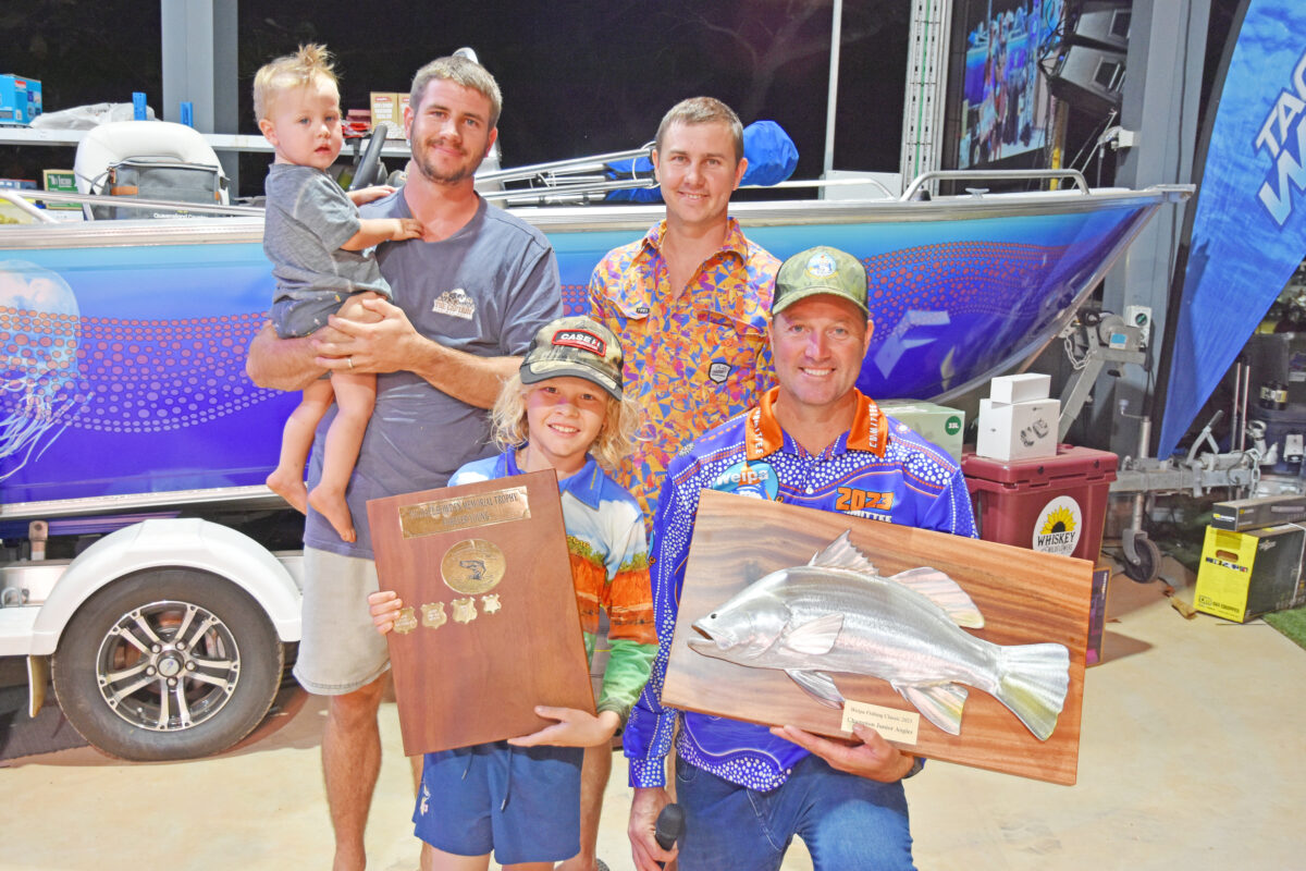 Champion junior angler Chastyn Lyon with Aaron Schleich and the Bowden family.