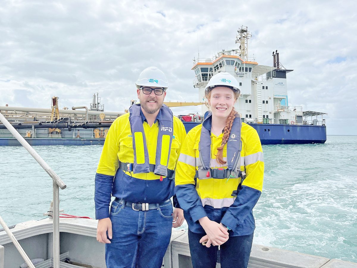 NQBP engineer Daniel Harris with scholarship recipient Amy Cantrill during her time working at the Port of Weipa.