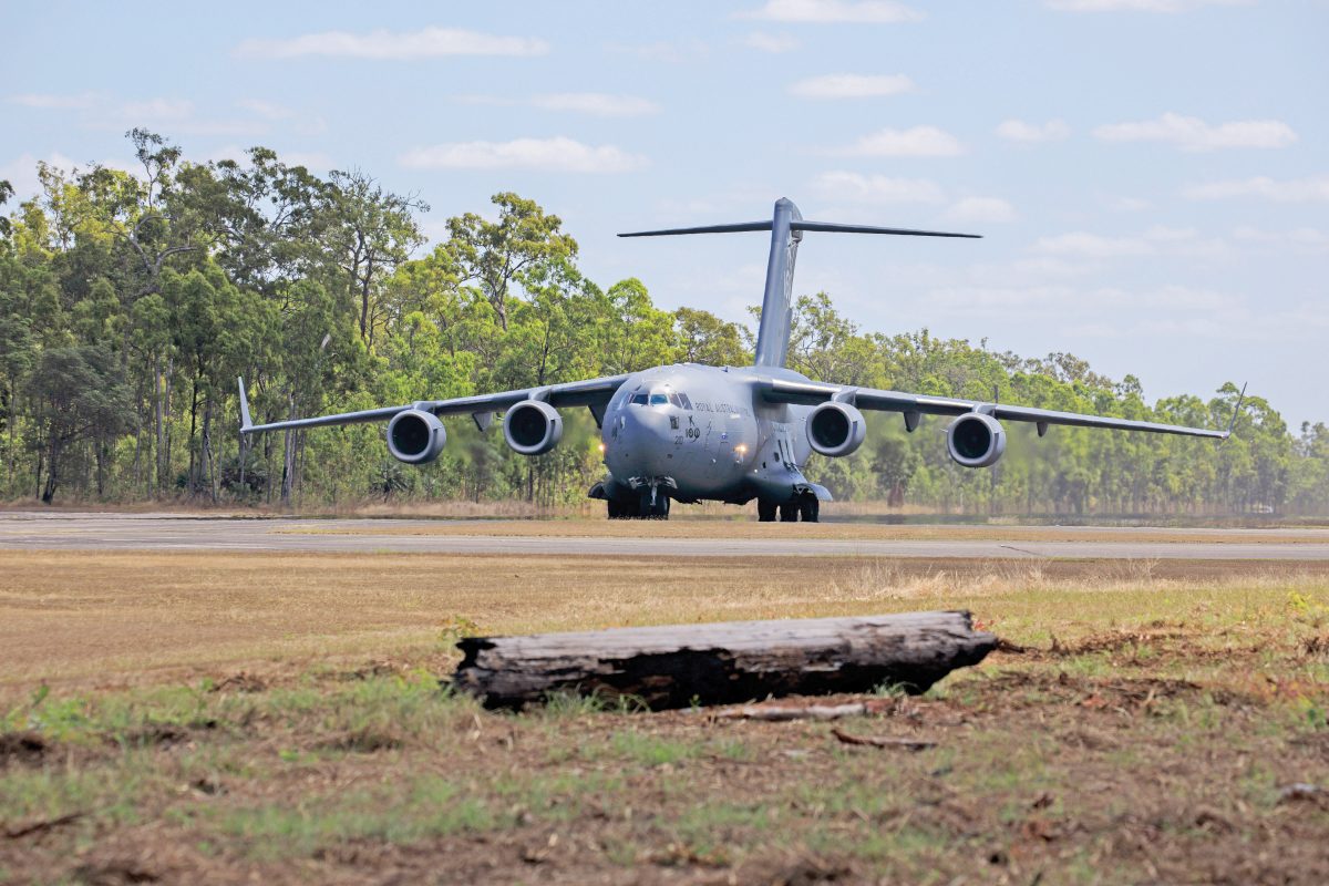 An Air Force C-17A Globemaster III aircraft arrives at RAAF Base Scherger, Queensland, during Exercise Talisman Sabre 2021.