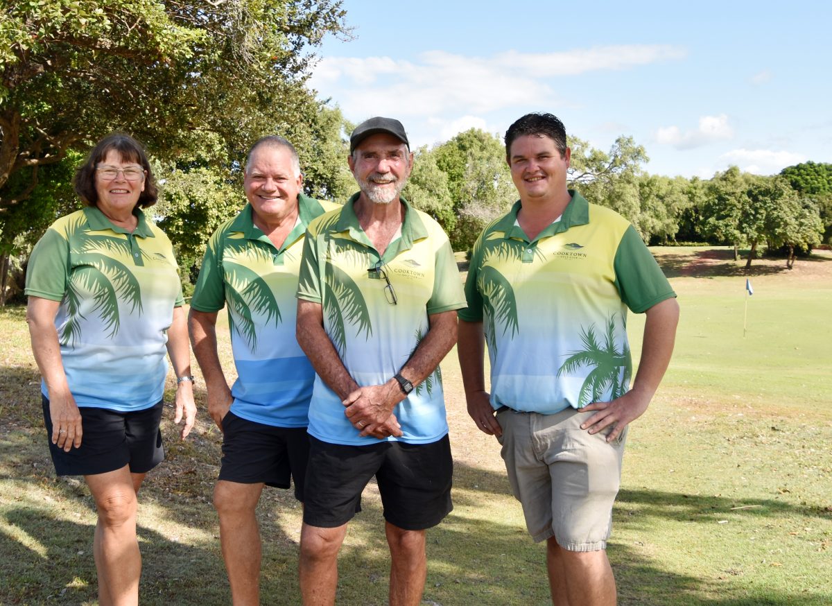 Cooktown Golf Club secretary treasurer Alice Burton, captain Rick Butler, vice president Graham Burton and president Eddie Cridland on the green ahead of the Cooktown Open.
