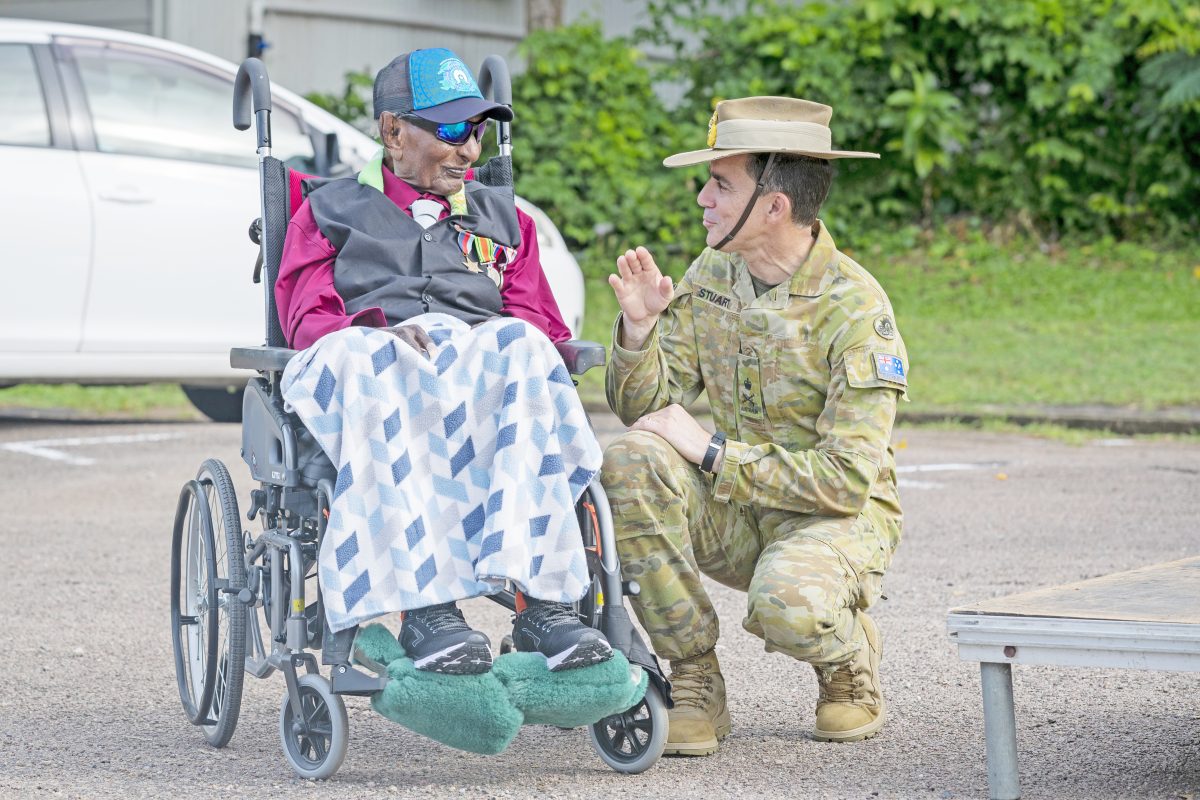 Chief of Army Lieutenant-General Simon Stuart speaks with World War II veteran Awati Mau before the Torres Strait Island Light Infantry Battalion 80th anniversary parade. Picture: Defence Media