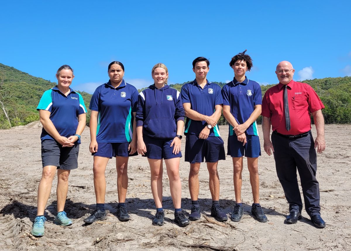 Endeavour Christian College sports coordinator Amy Meyer, students Shantal Wilson, Corrine Stallan, Ethan Smith and Sam Ryder and principal Peter Connell on what will be the school's new oval.