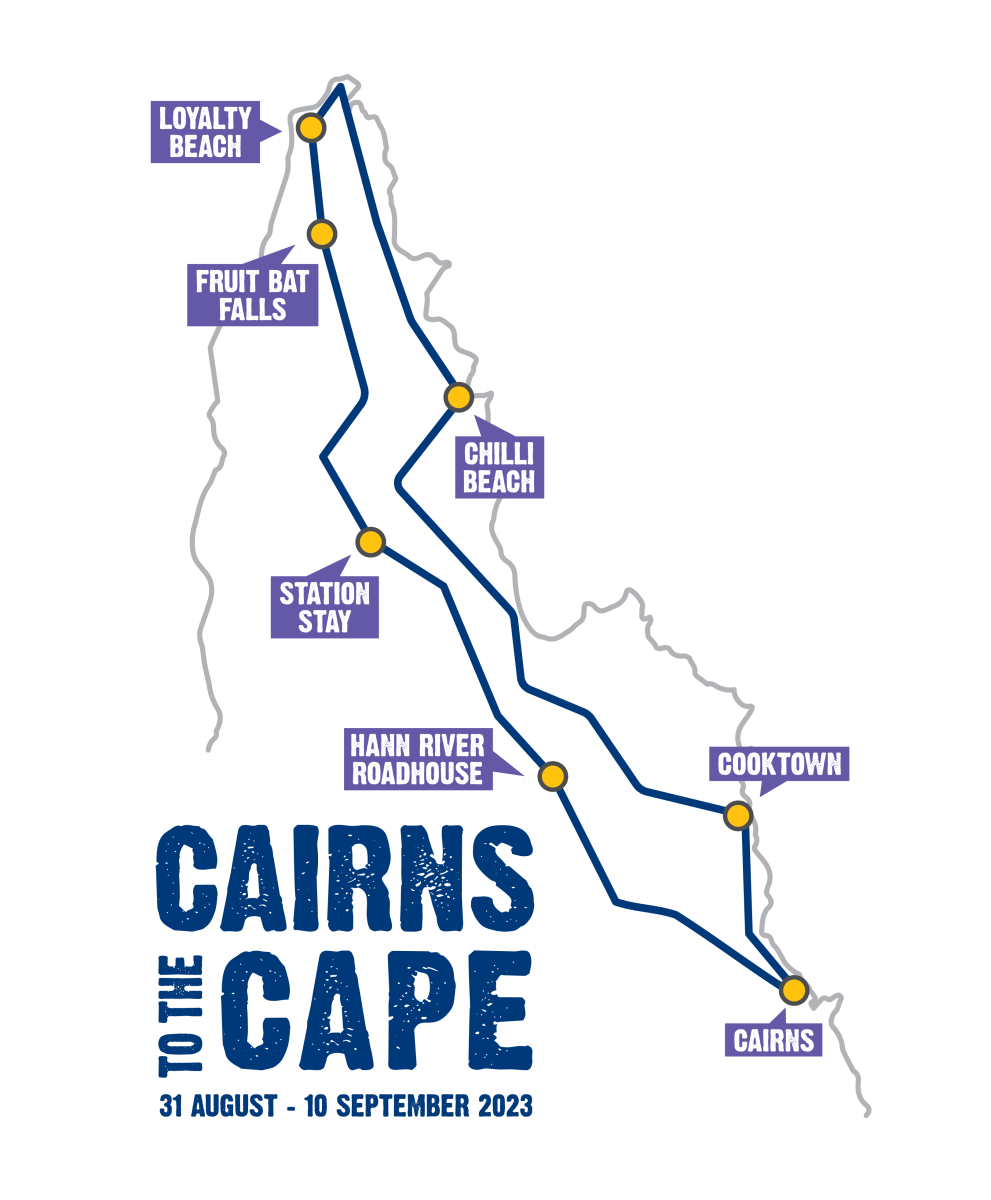 An outline map of the Cape area showing the route of this year's rally. First stop is Cooktown, travelling further north to Chilli and Loyalty Beach, before coming back down through Fruit Bat Falls, Station Stay and Hann River Roadhouse.