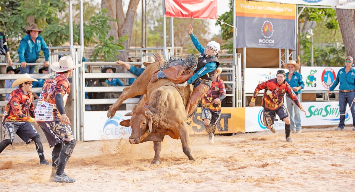 Weipa cowgirl Ryleigh Wone goes hard in the women’s bullock ride at the Andoom Oval arena. While she didn’t win this event, she did claim the steer wrestling.