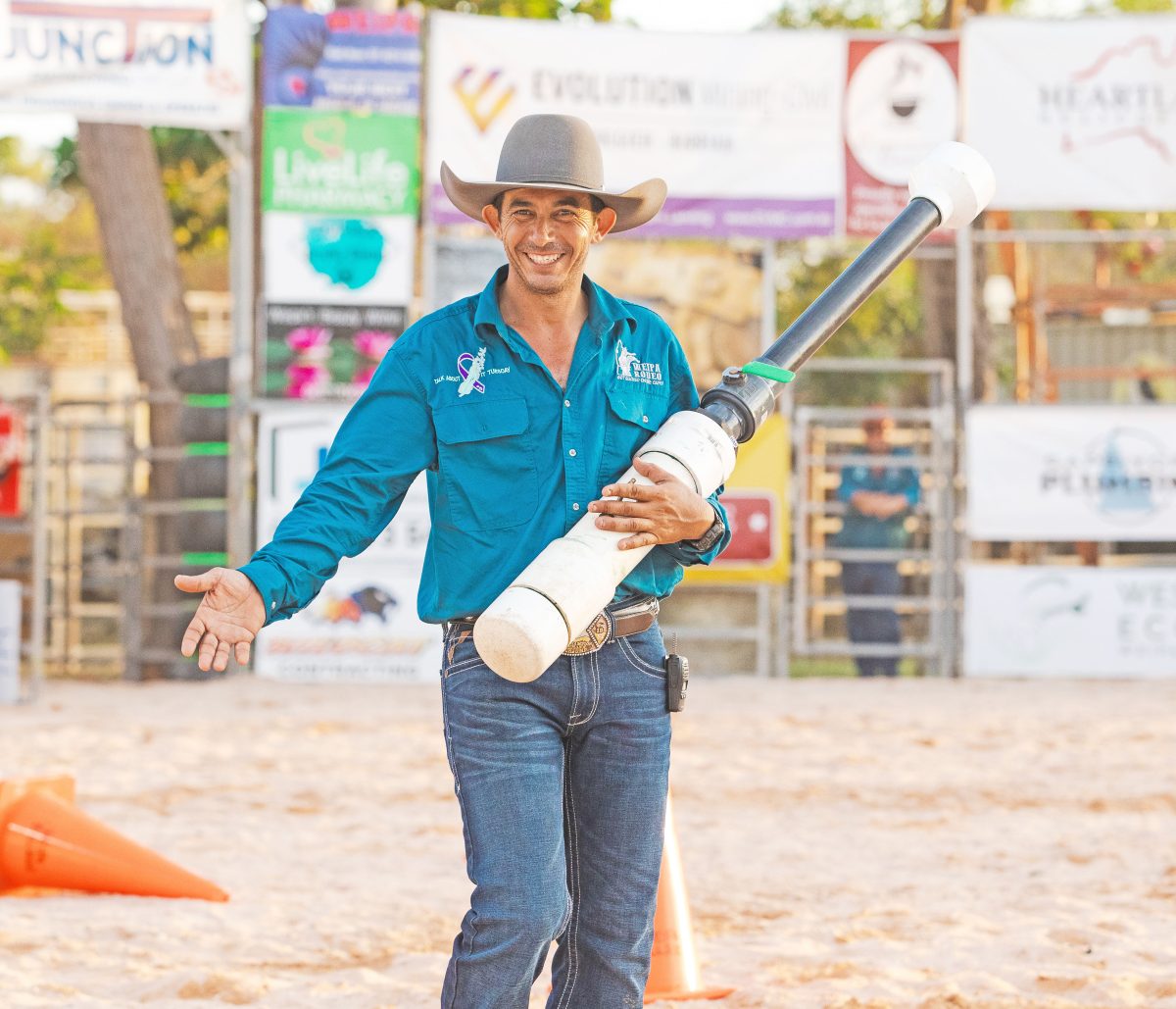 Weipa Rodeo Association president Russell Scikluna had big shoes to fill in the absence of Luke Quartermaine, but kept the kids happy with regular trips around the arena with the lolly gun.