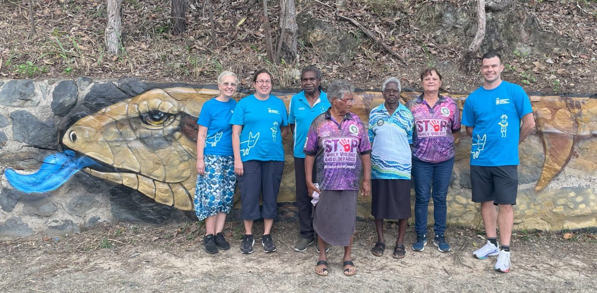 The ILF's Nicola Robinson, writer Lystra Rose, elders Norman Tayley, Doreen Ball and Lily Yougie, the Justice Group's Lucille Cassar and ILF CEO Ben Bowen in Wujal Wujal.