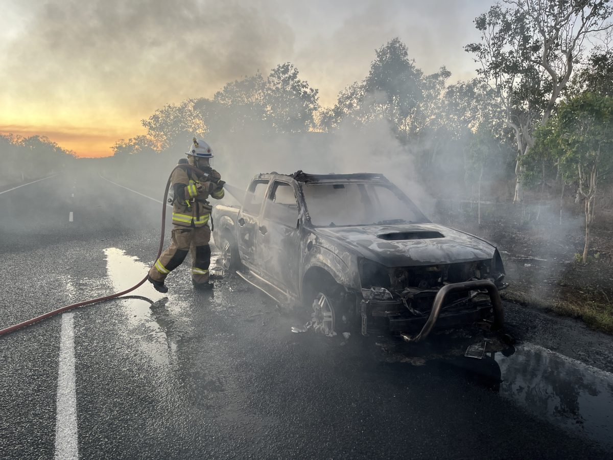 The Cooktown Auxiliary Brigade were called to extinguis the blazing car on the Mulligan Highway.