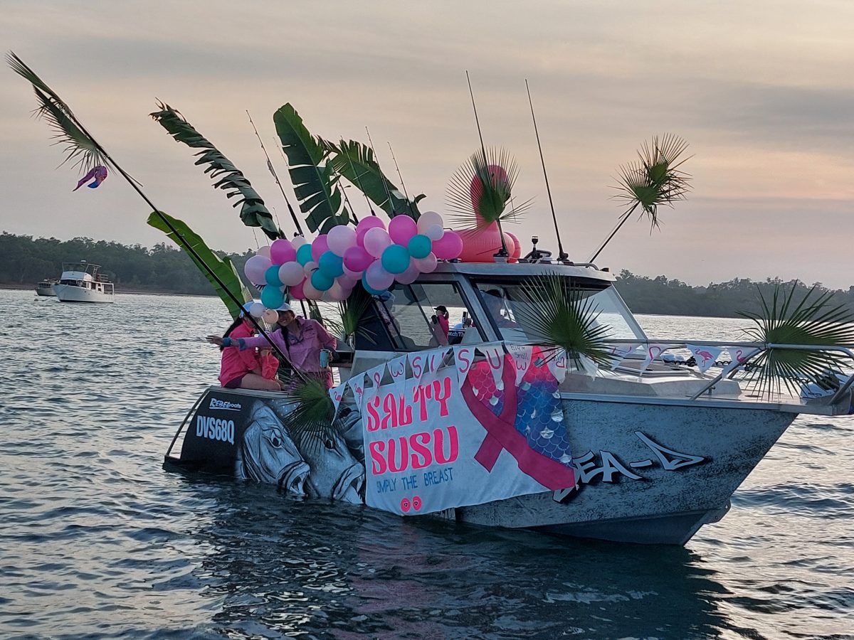 Boat decorated in pink on the water