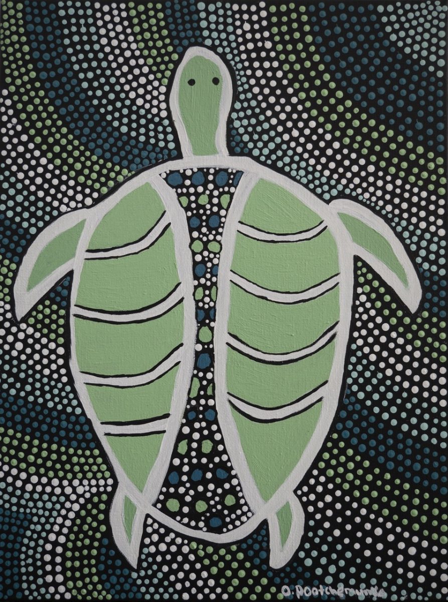 Painting of a green freshwater turtle on a black and green dot-painted background