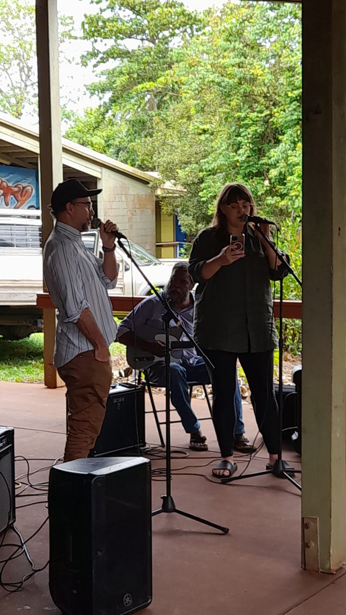 Sue Ray and Ant McKenna sing with local guitarist Laurie Deemal.