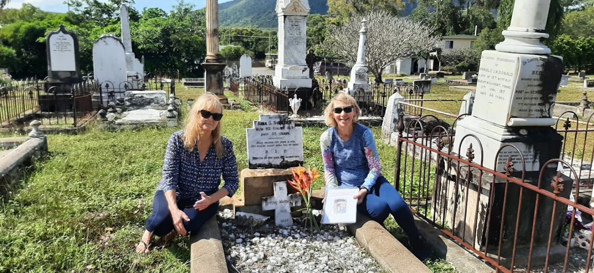 Brenda Svendsen and Nola Ford at their Great-grandmother's grave