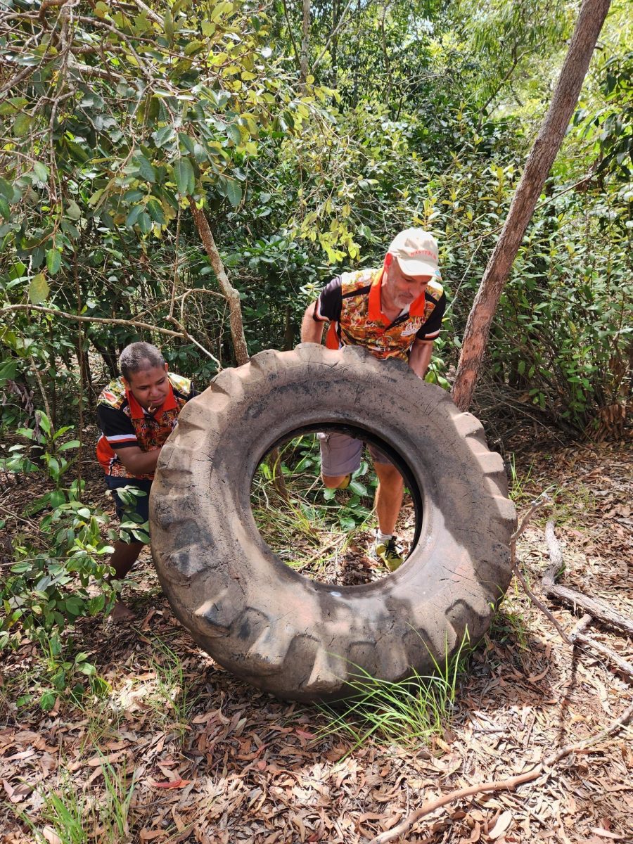 Dwayne Matheson and Lee Cousins collects huge tractor tyre