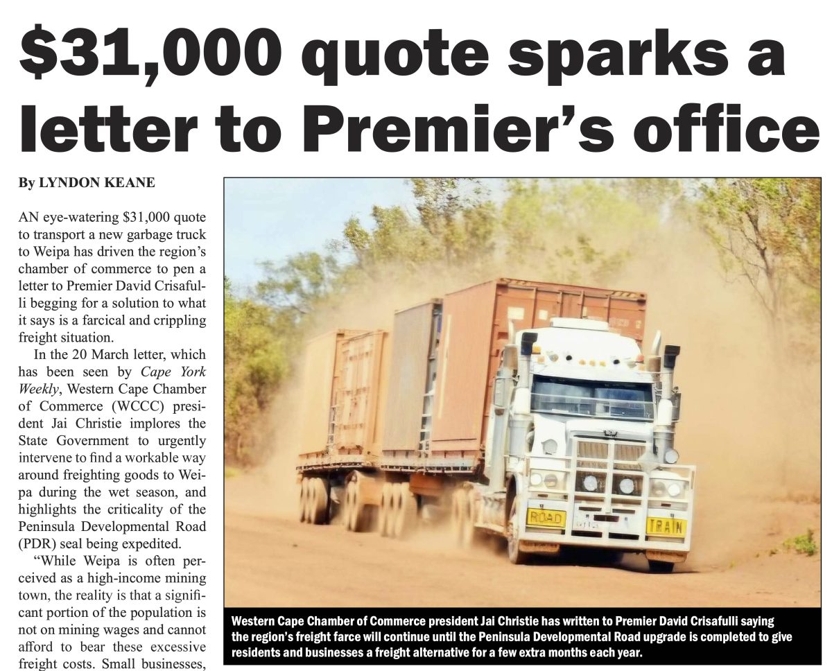 Cape York Weekly story highlighting plight of freight costs.