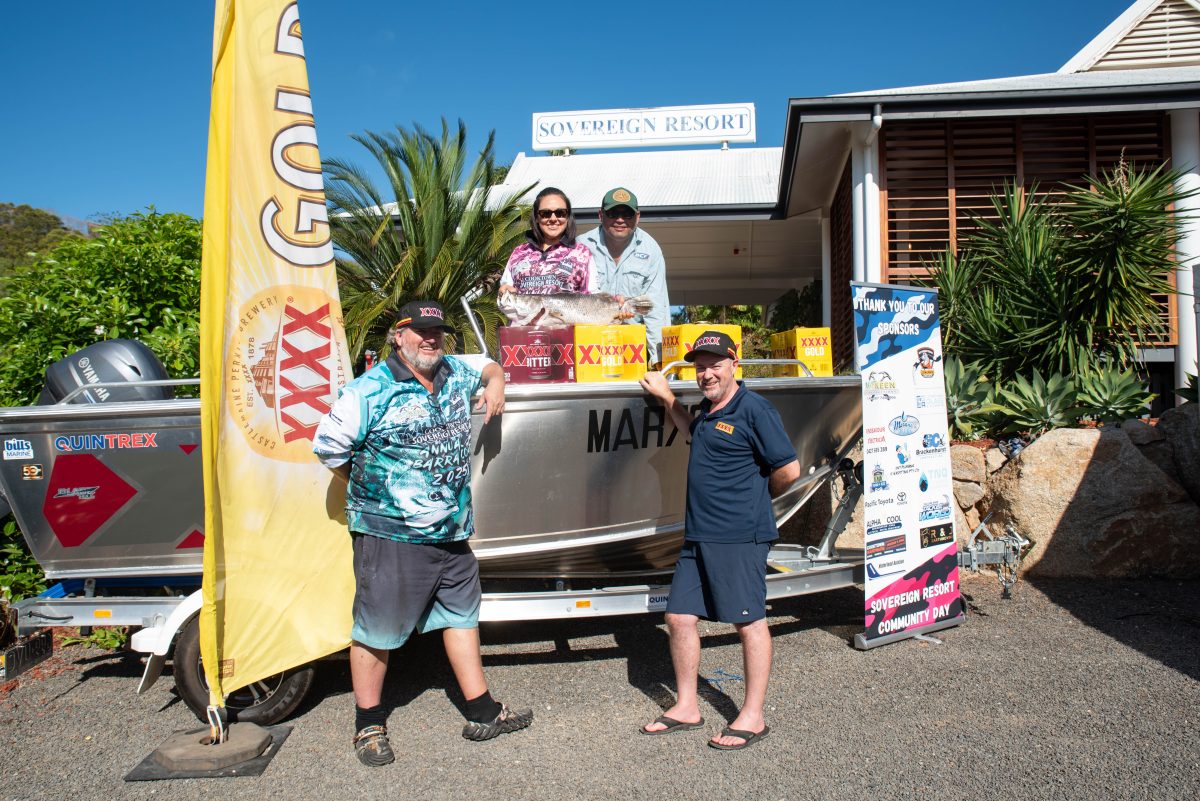 Kerisca Woibo and partner on new tinny with Dave Webber and Tim Sutcliffe