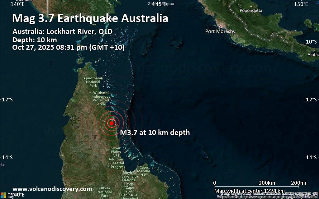 Map showing an earthquake struck 35 km southwest of Lockhart River.