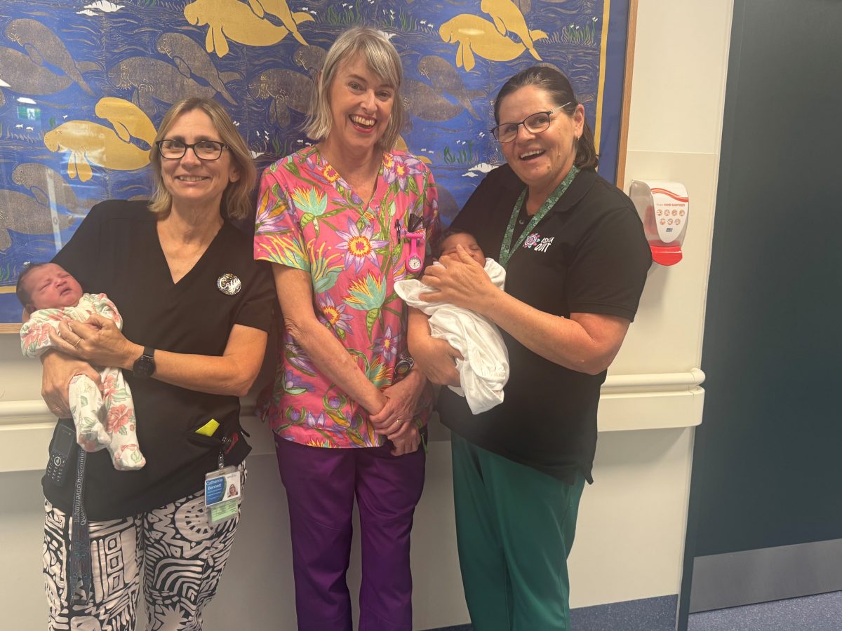 TI midwives Catherine Bennett, Sarah Molten and Karyn Wilson with Esther’s new daughter and baby Ziyanna