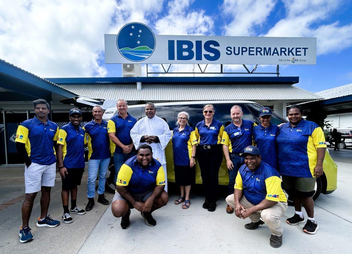 Father Stephen and the CEQ team outside IBIS Supermarket on Waibene (Thursday Island).