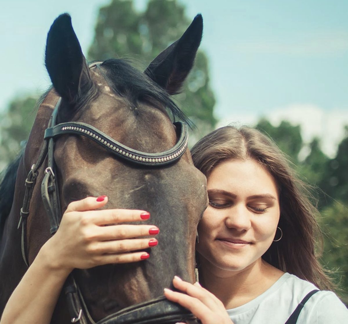 Woman holds horse