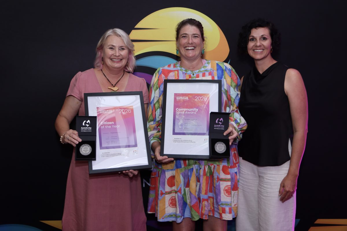 2026 Citizen of the Year Stephanie Neil, Community Spirit Award winner Penelope Johnson and Weipa Town Authority Chair Jaime Gane